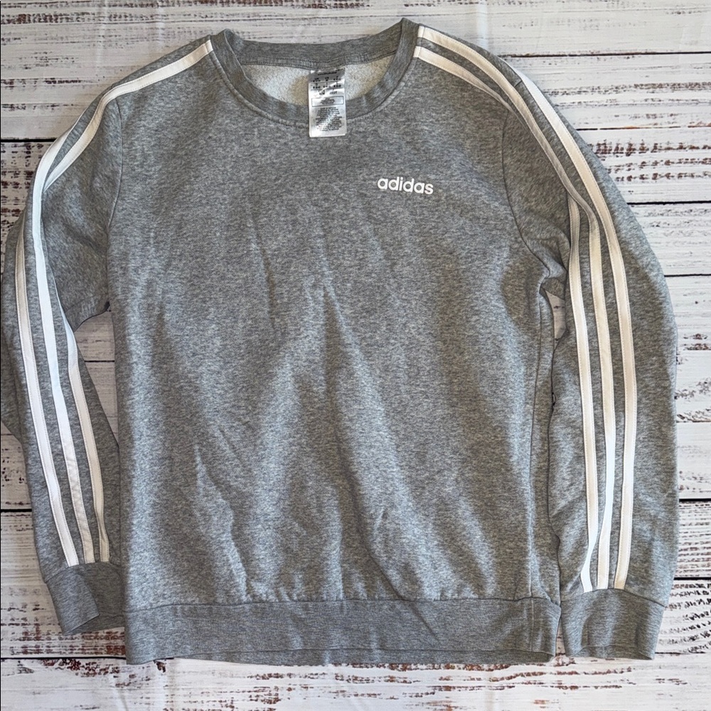 Adidas Women’s Gray Crewneck Sweater with White Stripes